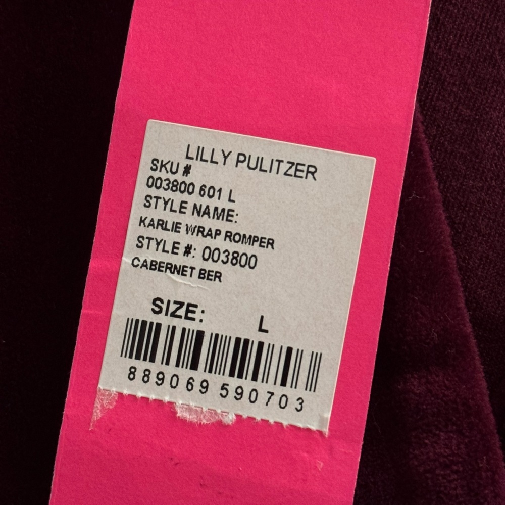 Lilly Pulitzer Karlie Wrap Stretch Velour Romper in Cabernet BERRY. NWT Size LG. - Picture 11 of 12